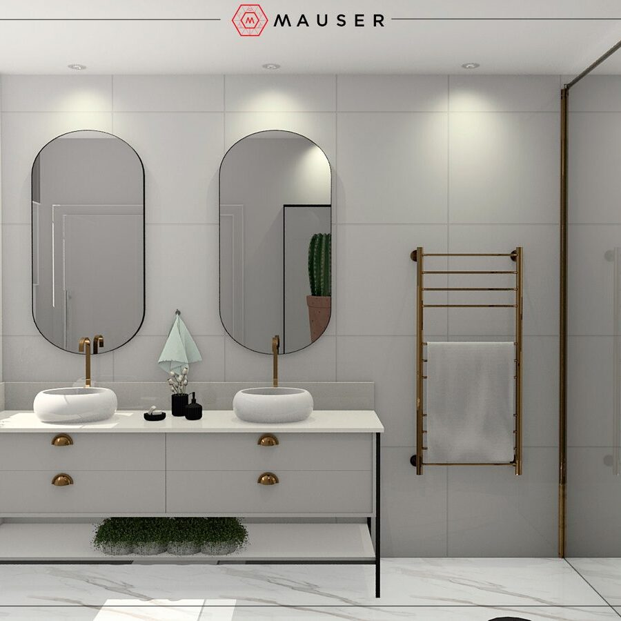 Banheiro master com marcenaria e iluminação embutida
