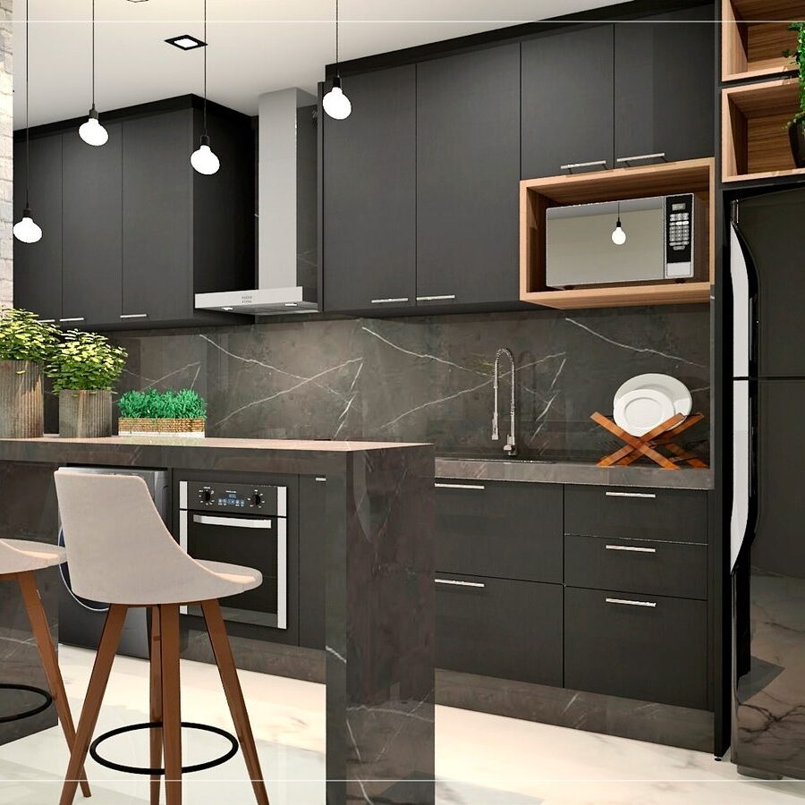 Cozinha planejada em preto com bancada em ilha