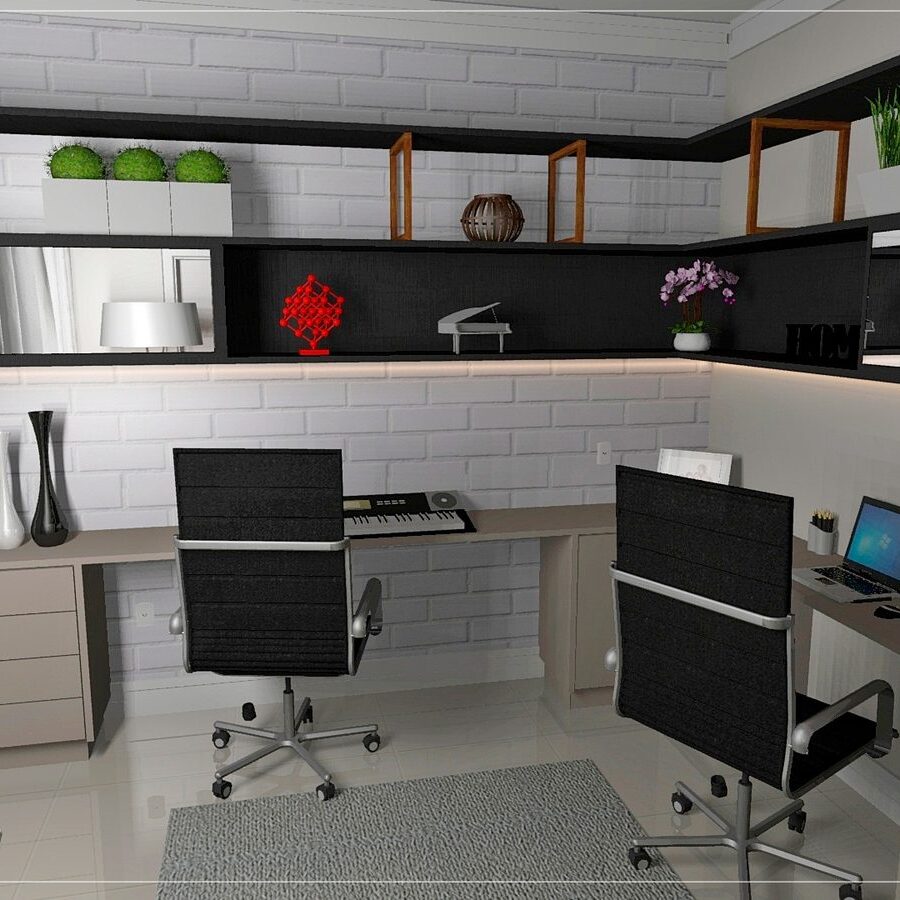 Home office planejado com estante e bancada