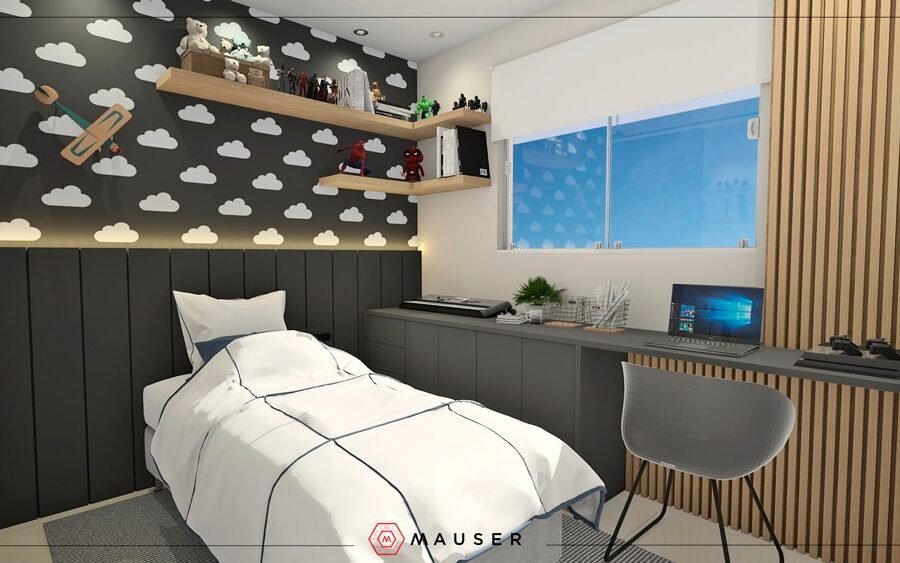 Quarto infantil planejado com painel ripado