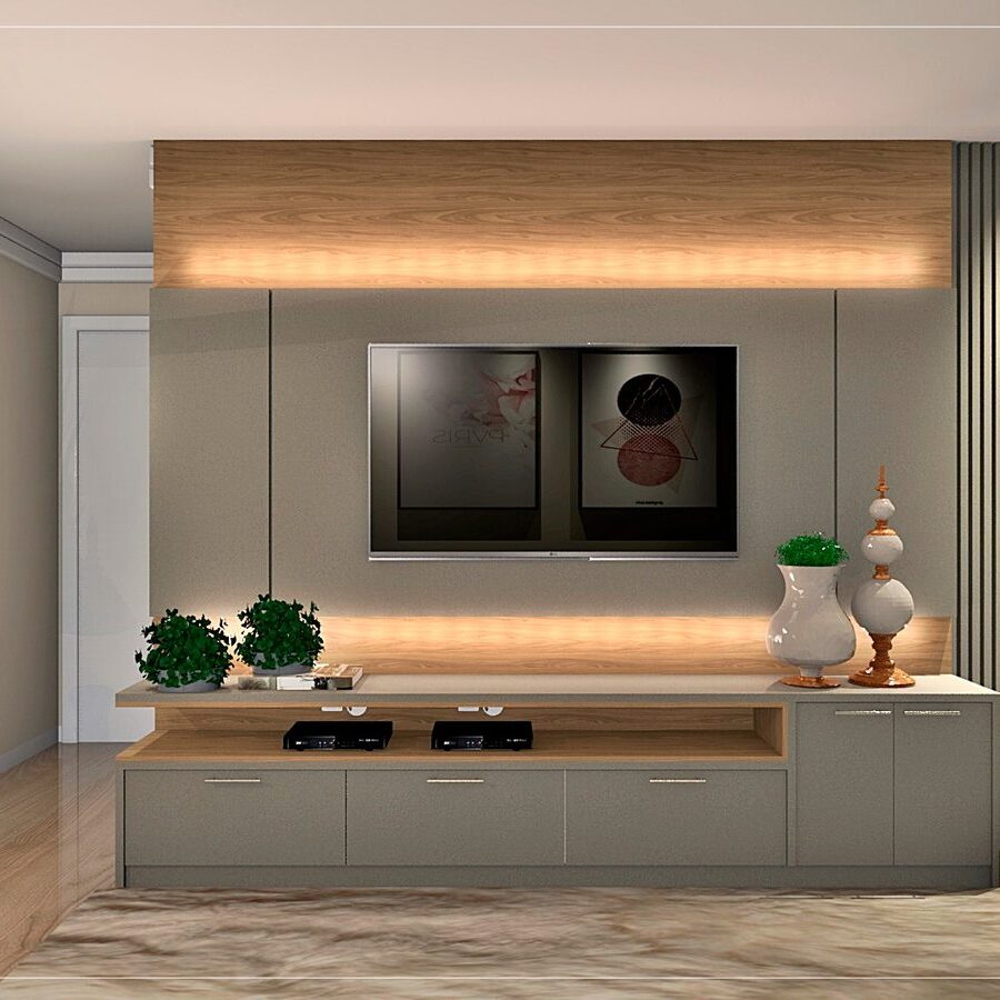Sala de estar com painel de TV ripado em madeira